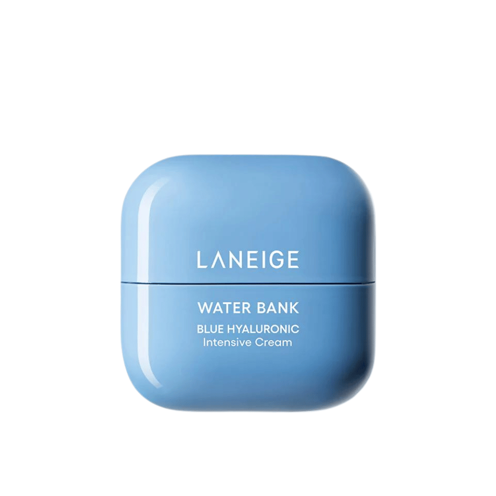 LANEIGE Water Bank Blue Hyaluronic Intensive Cream in barattolo blu rotondo, isolato su sfondo bianco.