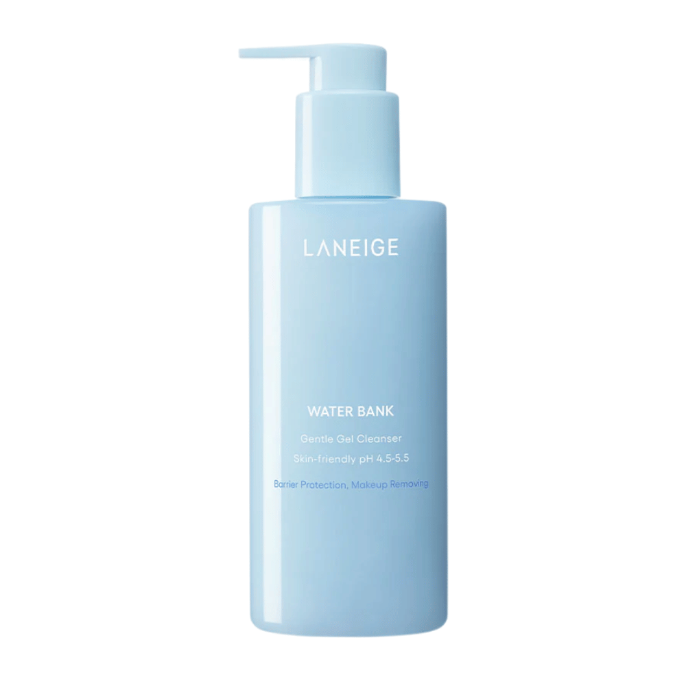 LANEIGE Water Bank Gentle Gel Cleanser in un flacone dosatore azzurro con testo bianco, isolato su sfondo bianco.