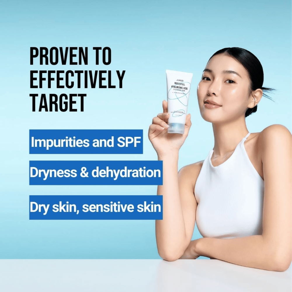 Persona con pelle luminosa e idratata che mostra Jumiso Waterfull Hyaluronic Acid Cleansing Foam. L’immagine descrive la capacità del prodotto di agire su impurità, residui di SPF, secchezza e pelle sensibile.