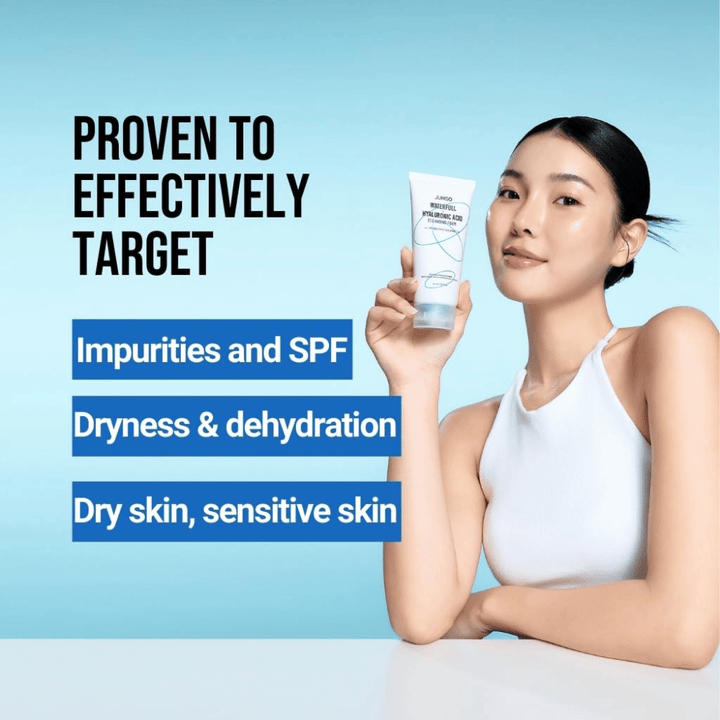Persona con pelle luminosa e idratata che mostra Jumiso Waterfull Hyaluronic Acid Cleansing Foam. L’immagine descrive la capacità del prodotto di agire su impurità, residui di SPF, secchezza e pelle sensibile.