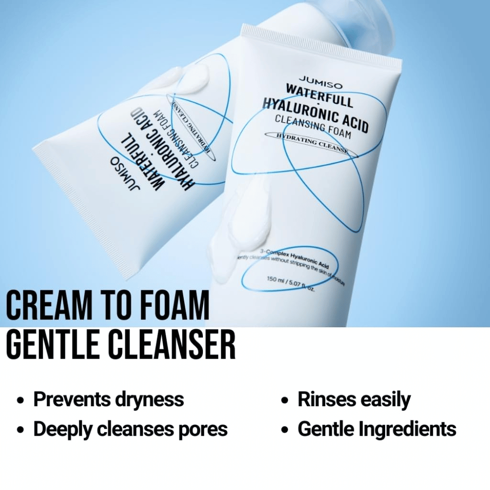 Due tubi di Jumiso Waterfull Hyaluronic Acid Cleansing Foam su sfondo azzurro chiaro. L’immagine mette in risalto un detergente in crema-schiuma che pulisce delicatamente i pori, contrasta la secchezza ed è facile da risciacquare.