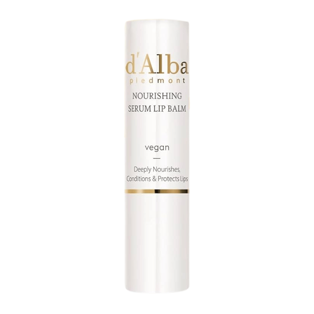 Immagine del prodotto d'Alba Nourishing Serum Lip Balm in confezione bianca e oro con il testo "vegan" e "Deeply Nourishes, Conditions & Protects Lips".