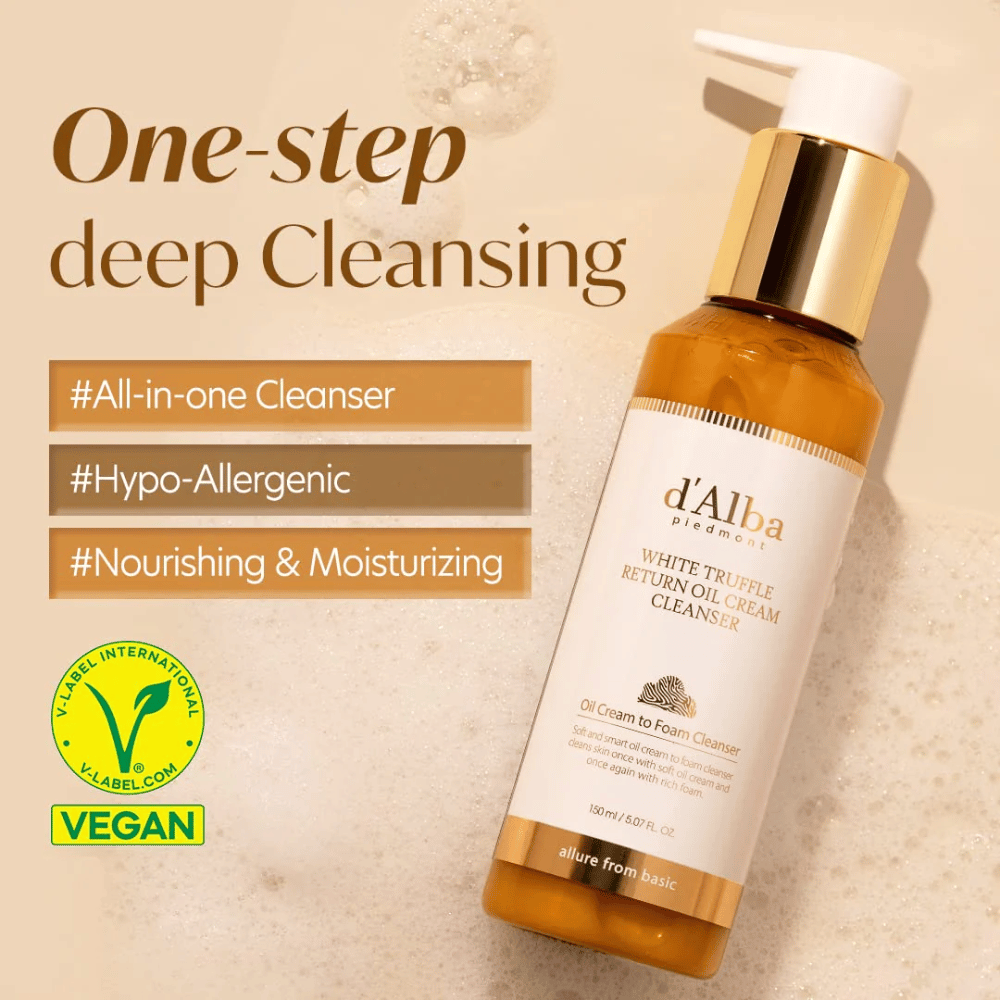 d'Alba White Truffle Return Oil Cream Cleanser è una crema detergente vegana e ipoallergenica con pulizia profonda in un solo passaggio. Questo detergente tutto-in-uno è nutriente e idratante, e si trasforma da olio a schiuma per pulire efficacemente la pelle lasciandola morbida e fresca.