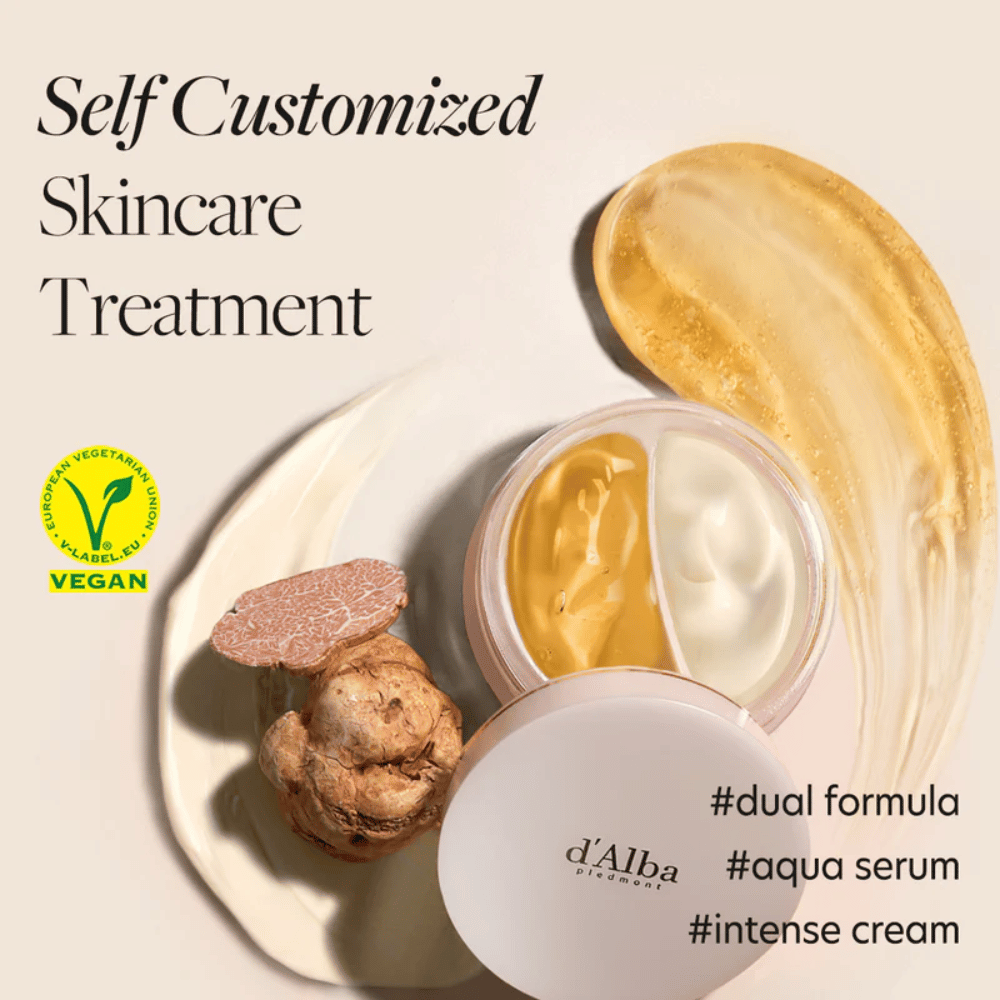 d'Alba White Truffle Double Serum & Cream è un prodotto per la cura della pelle vegano che offre un'esperienza di cura della pelle personalizzata. Ha una doppia formula con sia un siero aqua che una crema intensa, perfetta per idratare e rafforzare la pelle.