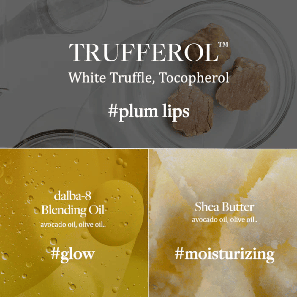 Immagine degli ingredienti con Tartufo Bianco, Tocoferolo, Olio Miscelato e Burro di Karité per d'Alba Nourishing Serum Lip Balm, contrassegnato con gli hashtag #plum lips, #glow e #moisturizing.