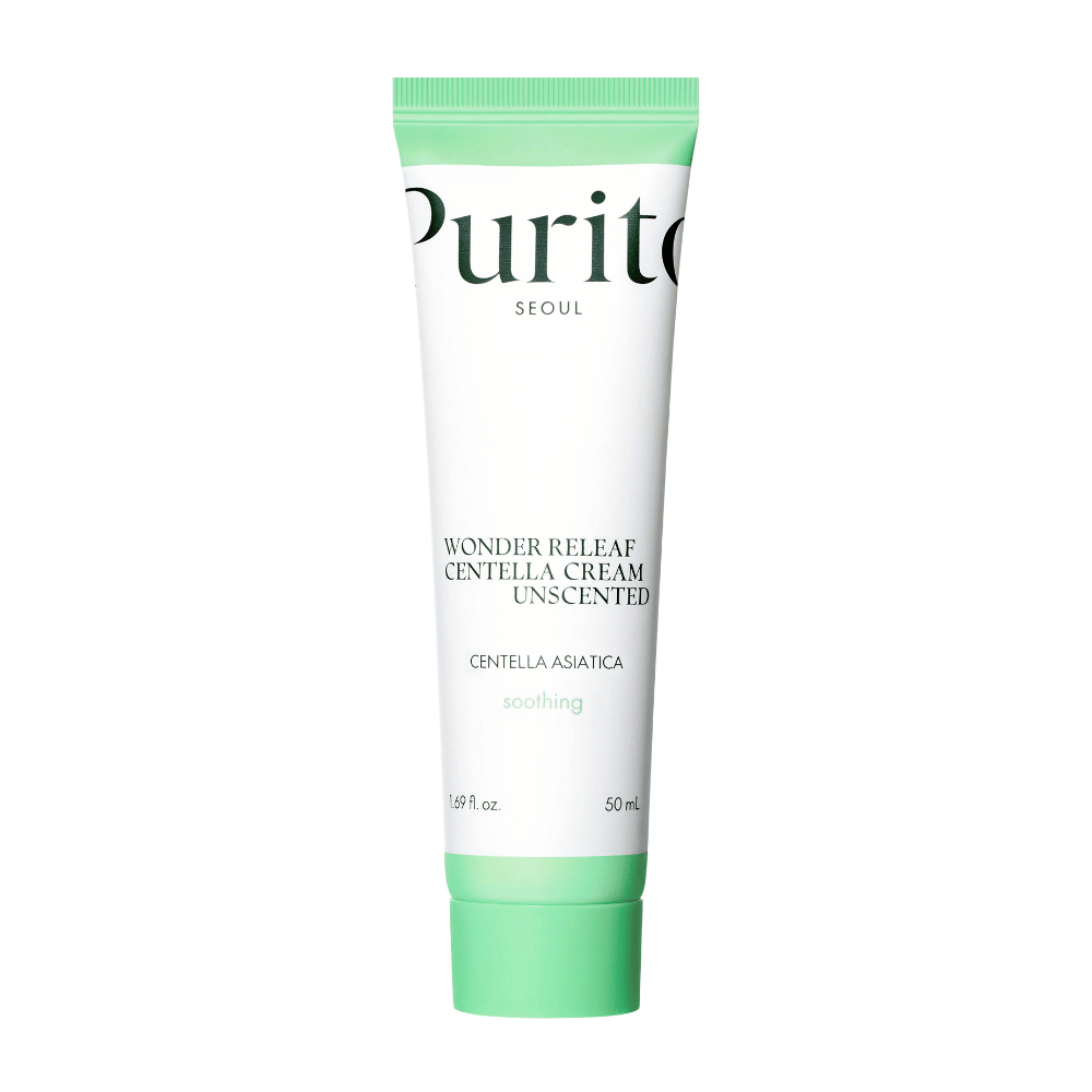 Purito Wonder Releaf Centella Cream Unscented è una crema viso idratante e lenitiva con estratto di Centella Asiatica. La formula non profumata rafforza la barriera cutanea e allevia l'irritazione, rendendola ideale per la pelle sensibile.
