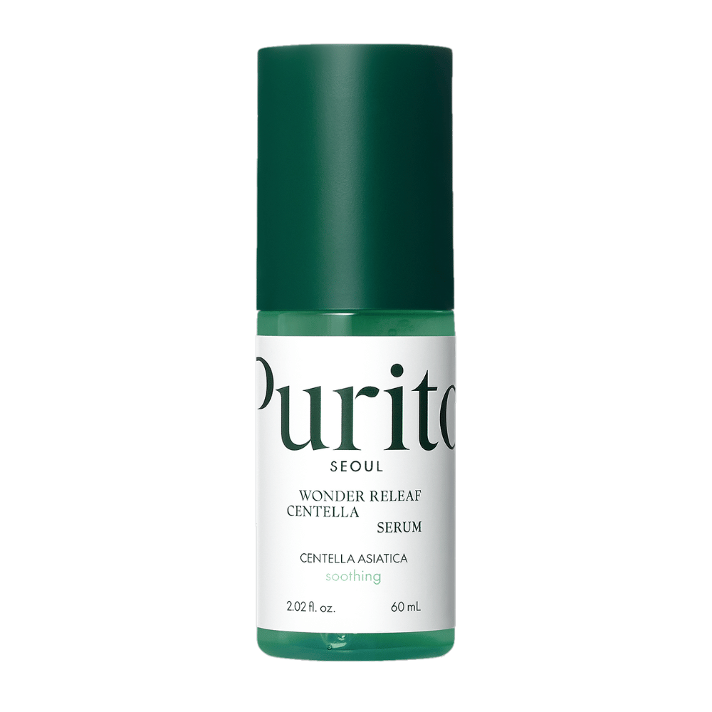 Purito Wonder Releaf Centella Serum in una bottiglia verde e bianca con 60 ml di contenuto, centrata su sfondo bianco.