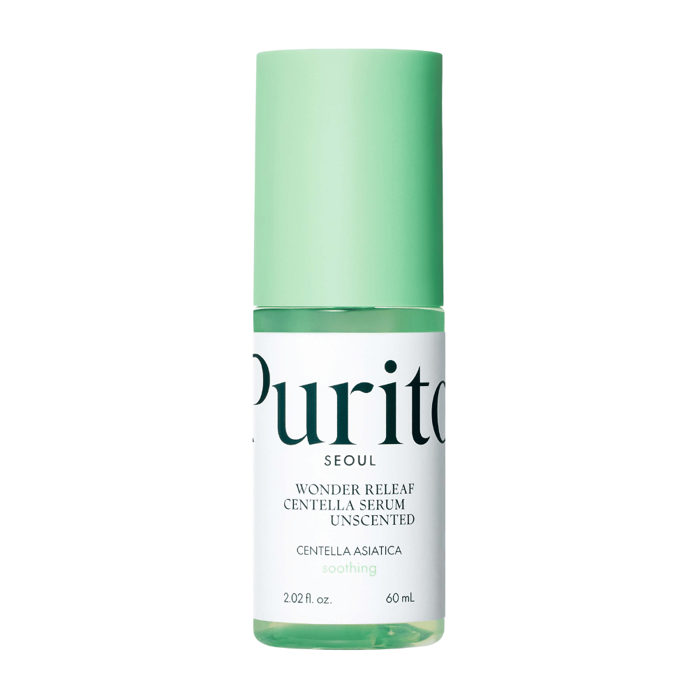 Bottiglia chiusa di Purito Wonder Releaf Centella Serum, inodore, su uno sfondo bianco.
