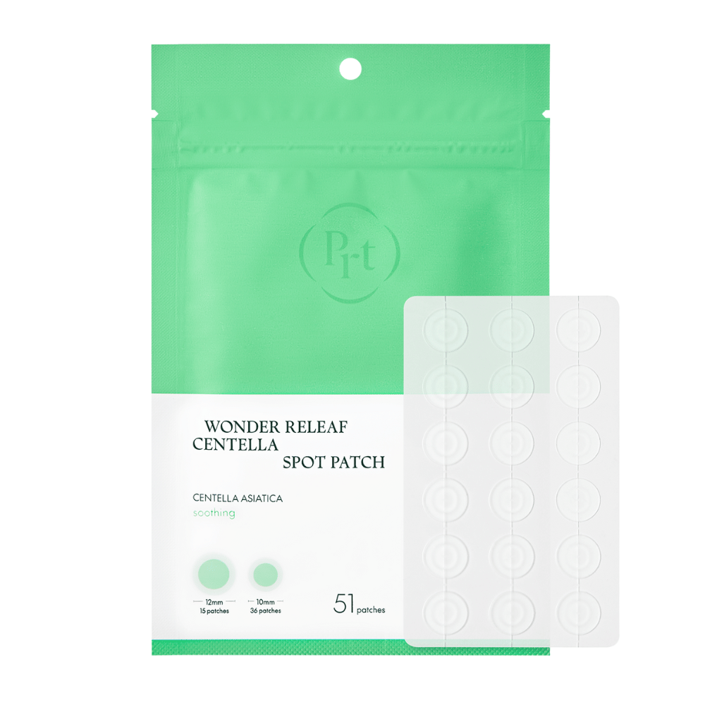 Immagine del prodotto di Purito Wonder Releaf Centella Spot Patch con confezione e 51 cerotti trasparenti per acne in due dimensioni per un trattamento spot efficace.