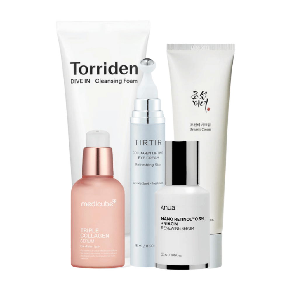 Questo set, "Youthful Radiance Anti-Aging Kit", include una serie di prodotti per la cura della pelle per rivitalizzare e curare la pelle matura. Il set contiene Torriden Dive In Cleansing Foam, Tirtir Collagen Lifting Eye Cream, Medicube Triple Collagen Serum e Anua Nano Retinol 0.3% + Niacin Renewing Serum insieme a Beauty of Joseon Dynasty Cream.