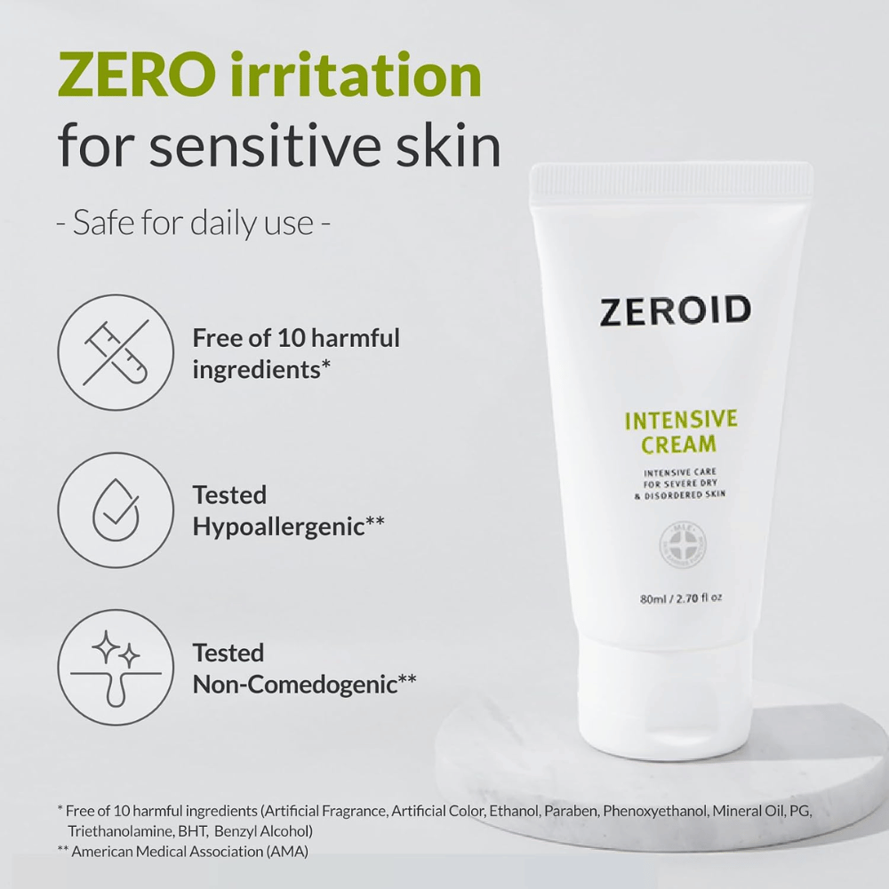ZEROID Intensive Cream è sviluppata per la pelle sensibile ed è priva di dieci ingredienti comuni che possono causare irritazione. La crema è testata ipoallergenica, non comedogenica e adatta all'uso quotidiano.