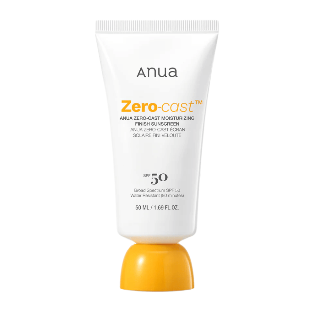 Immagine del prodotto su ANUA Zero-Cast Moisturizing Finish Sunscreen SPF 50 in tubo bianco con tappo arancione, 50 ml. Una crema solare leggera senza effetto bianco, resistente all'acqua fino a 80 minuti.