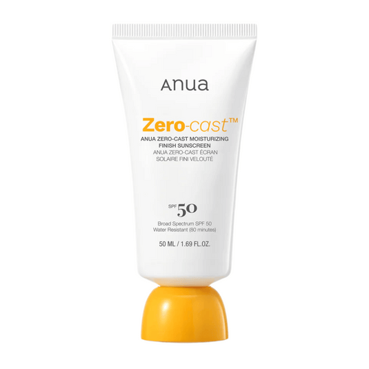 Immagine del prodotto su ANUA Zero-Cast Moisturizing Finish Sunscreen SPF 50 in tubo bianco con tappo arancione, 50 ml. Una crema solare leggera senza effetto bianco, resistente all'acqua fino a 80 minuti.