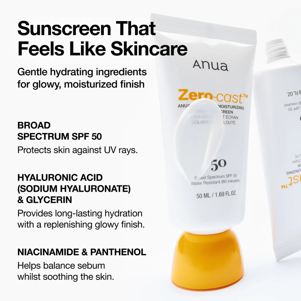 Primo piano su ANUA Zero-Cast Moisturizing Sunscreen con SPF 50 – crema solare in tubo bianco con tappo arancione, che mostra testo sugli ingredienti come acido ialuronico, niacinamide e pantenolo per una pelle idratata e protetta.