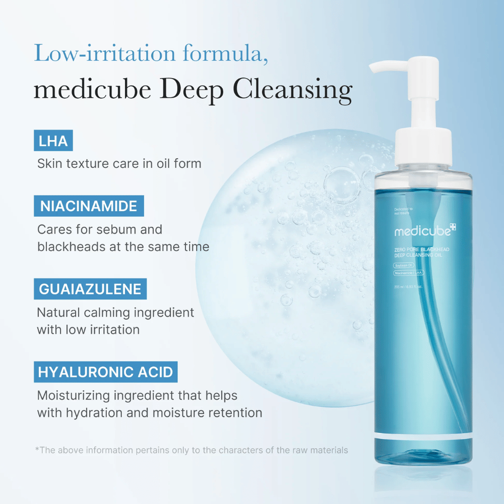 Medicube Zero Pore Blackhead Deep Cleansing Oil con gli ingredienti LHA, Niacinamide, Guaiazulene e Acido Ialuronico presentati come caratteristiche chiave per una pulizia delicata ed efficace.