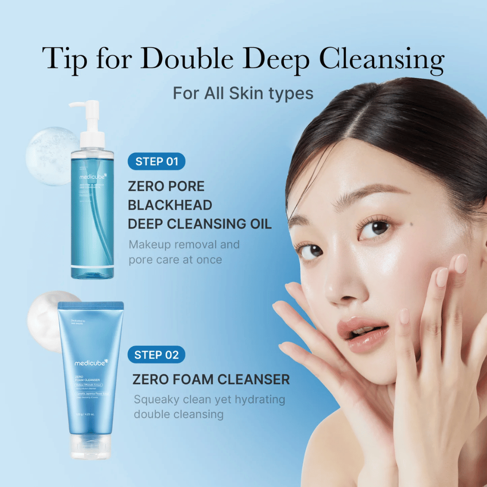 Immagine pubblicitaria per Medicube doppia pulizia con Zero Pore Blackhead Deep Cleansing Oil e Zero Foam Cleanser, insieme a una donna che mostra la sua pelle pulita e idratata.