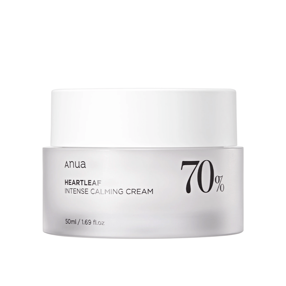 Barattolo bianco con "Anua Heartleaf Intense Calming Cream" con etichetta "70%", contrassegnato con un volume di "50ml/1.69 fl.oz."