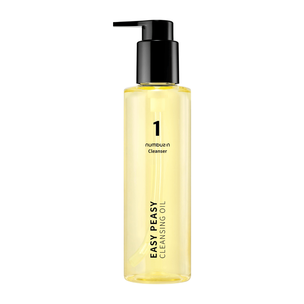 Immagine del prodotto su Numbuzin No.1 Easy Peasy Cleansing Oil, flacone trasparente con pompa e tappo nero su sfondo bianco.