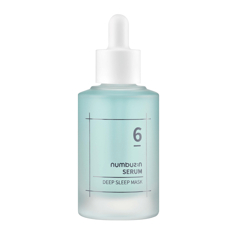 numbuzin No. 6 Deep Sleep Mask Serum in bottiglia blu smerigliata con pipetta, progettata per una cura della pelle profondamente idratante.