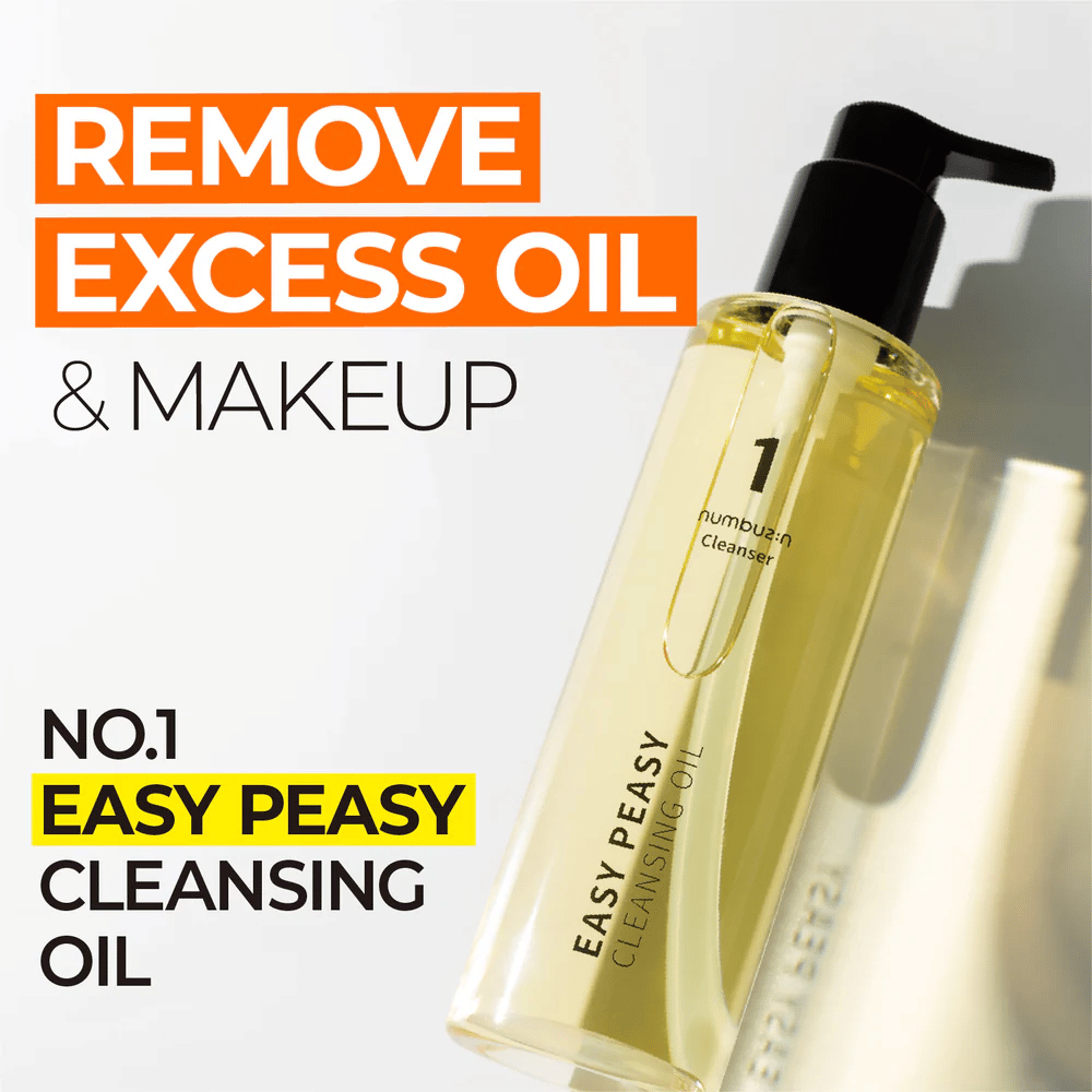 Bottiglia con Numbuzin No.1 Easy Peasy Cleansing Oil su sfondo bianco, il testo "Remove excess oil & makeup" è visibile accanto.
