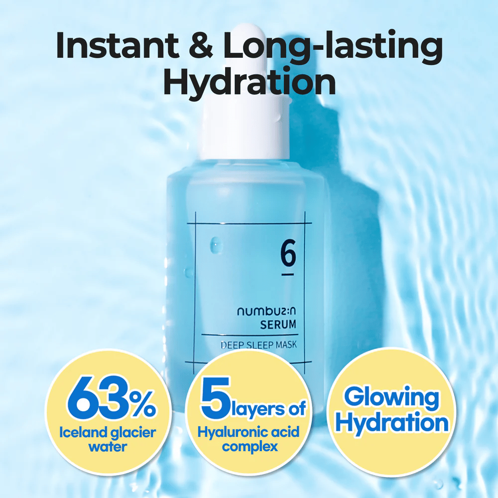numbuzin No. 6 Deep Sleep Mask Serum con il 63% di acqua glaciale e 5 strati di acido ialuronico, per un'idratazione intensa e duratura.