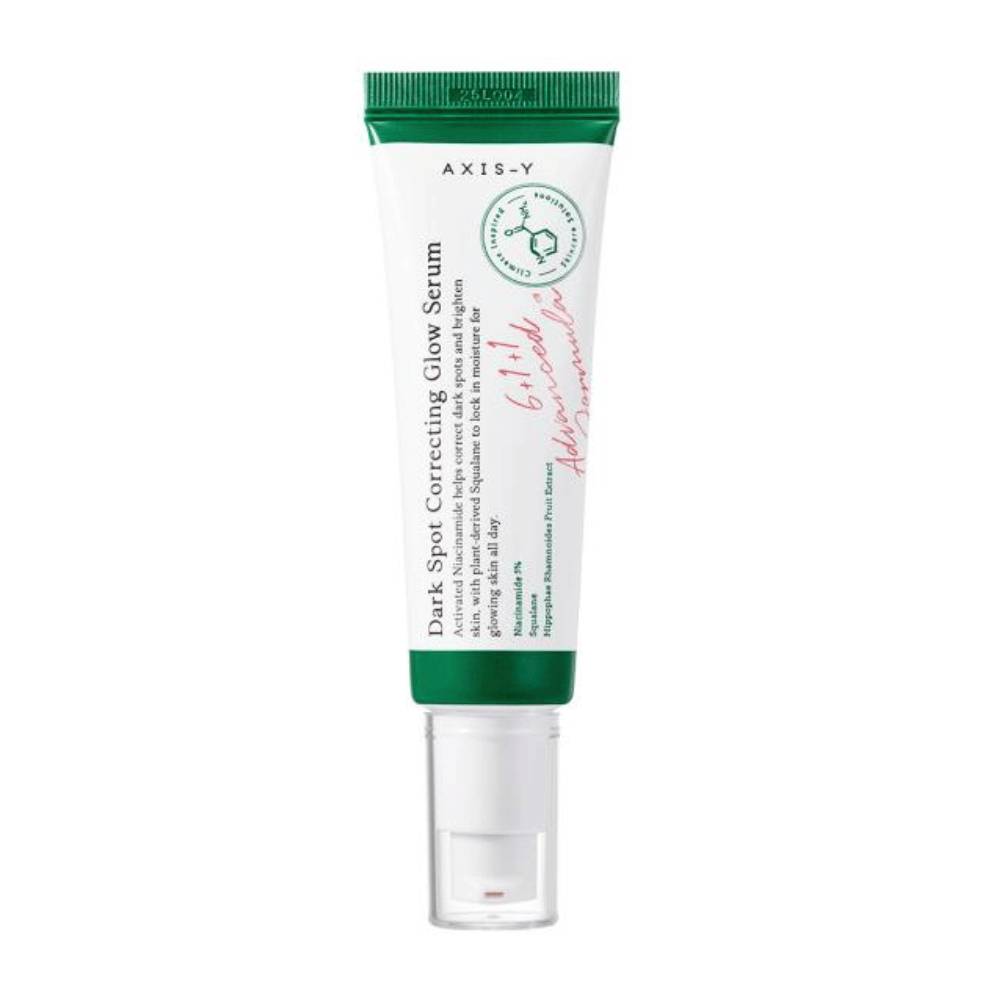 Un tubo Dark Spot Correcting Glow Serum 50ml da AXIS - Y su sfondo bianco.
