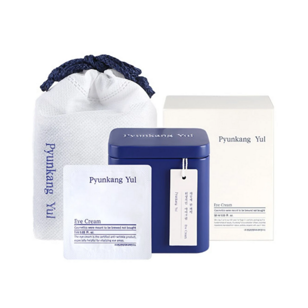Un pacchetto con una busta blu e una scatola bianca per Pyunkang Yul Crema Occhi 1ml x 50pz.