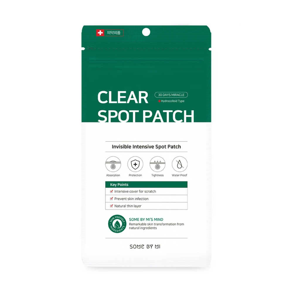 Un Some By Mi 30 Days Miracle Clear Spot Patch (18 pezzi) su sfondo bianco per acne con capacità di assorbire essudato.