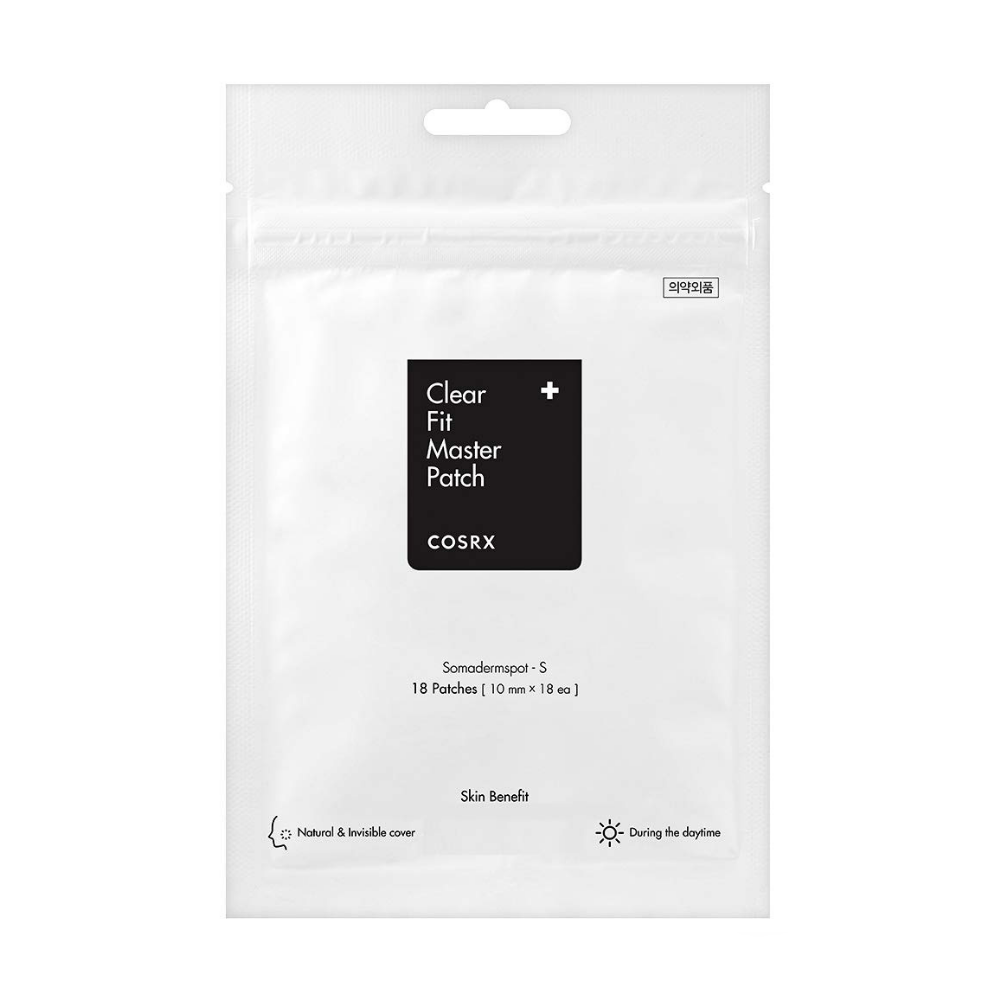 Un COSRX Clear Fit Master Patch 18st su uno sfondo bianco che si rivolge ai brufoli.