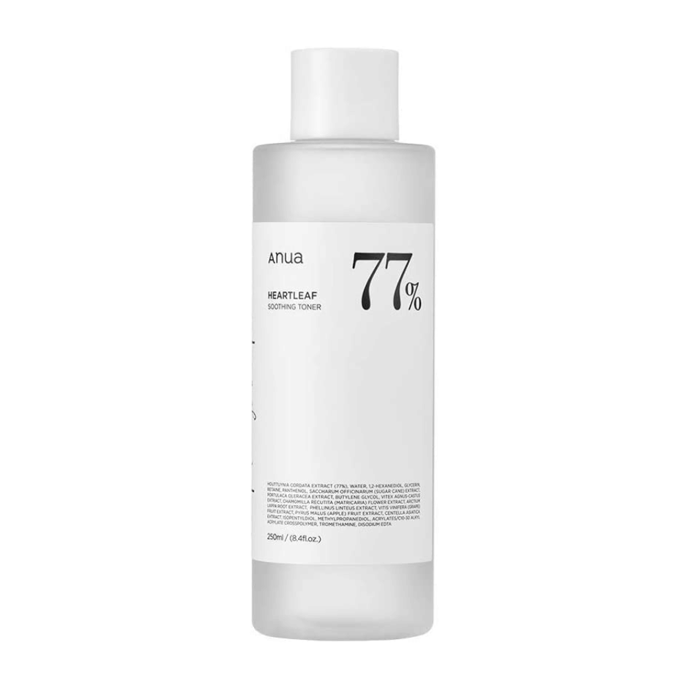 Una bottiglia Heartleaf 77% Soothing Toner con un'etichetta Anua, formulata con tonico lenitivo per pelle sensibile.