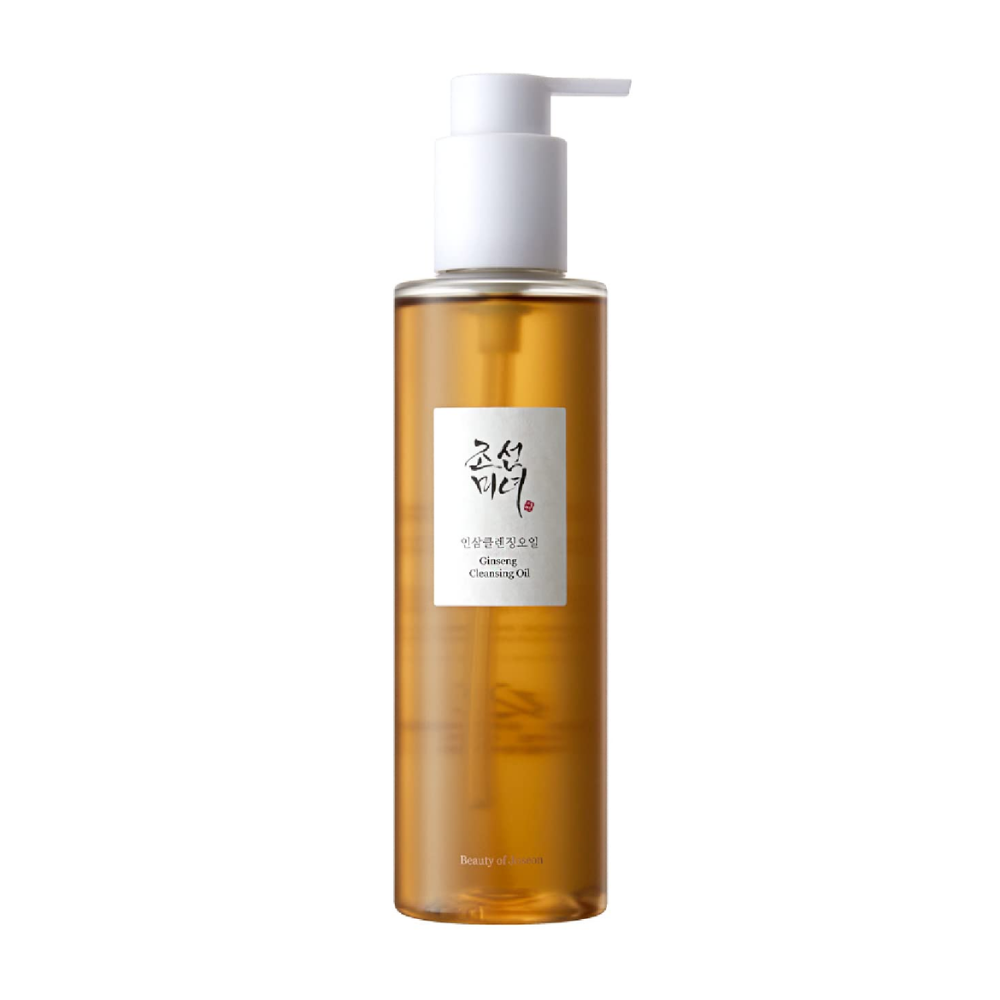 Una bottiglia Beauty of Joseon Ginseng Cleansing Oil 210ml su sfondo bianco, con olio di semi di ginseng.