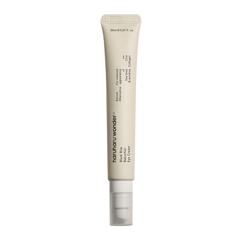 Un tubetto Haruharu Wonder Black Rice Bakuchiol Eye Cream 20ml su sfondo bianco per ridurre la visibilità delle linee sottili e delle rughe.