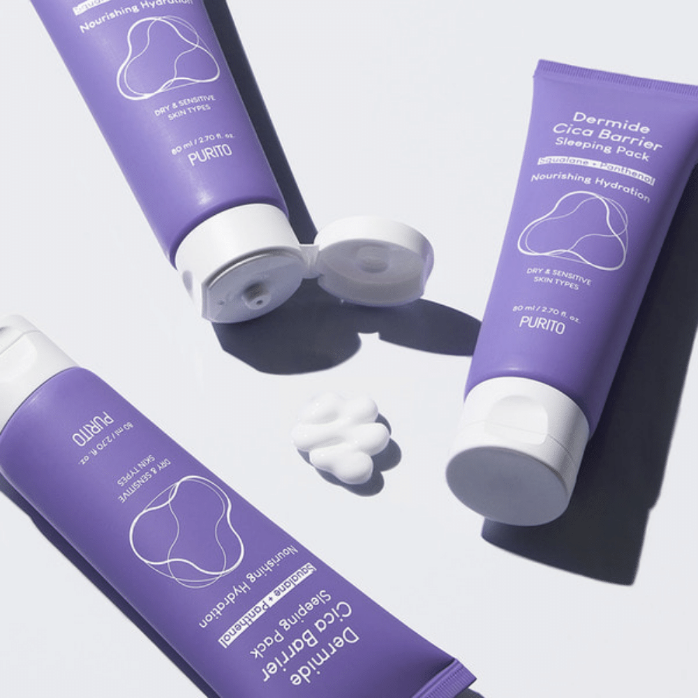 Due tubi PURITO Dermide Cica Barrier Sleeping Pack 80ml su una superficie bianca.