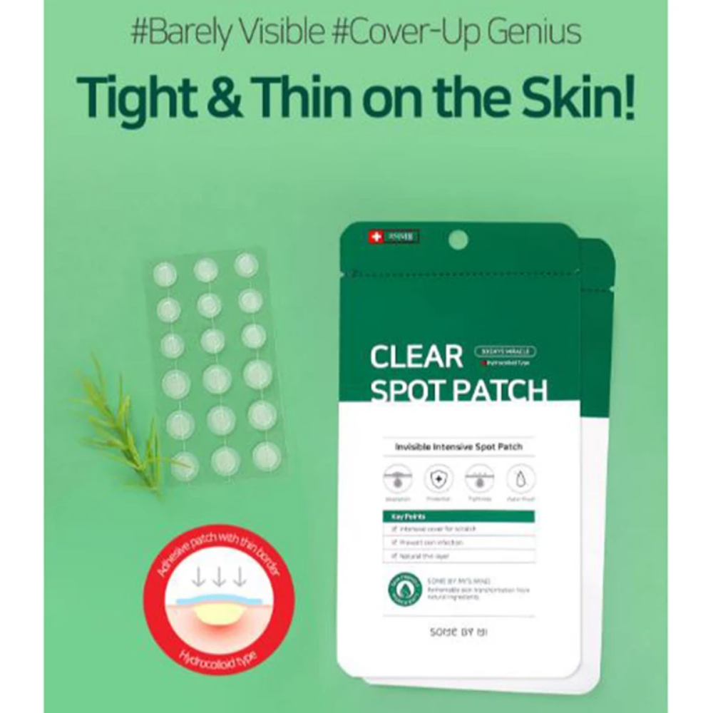 Un 30 Days Miracle Clear Spot Patch bianco (18 pezzi) su uno sfondo chiaro, adatto per la gestione di acne ed essudato. Marca: SOME BY MI