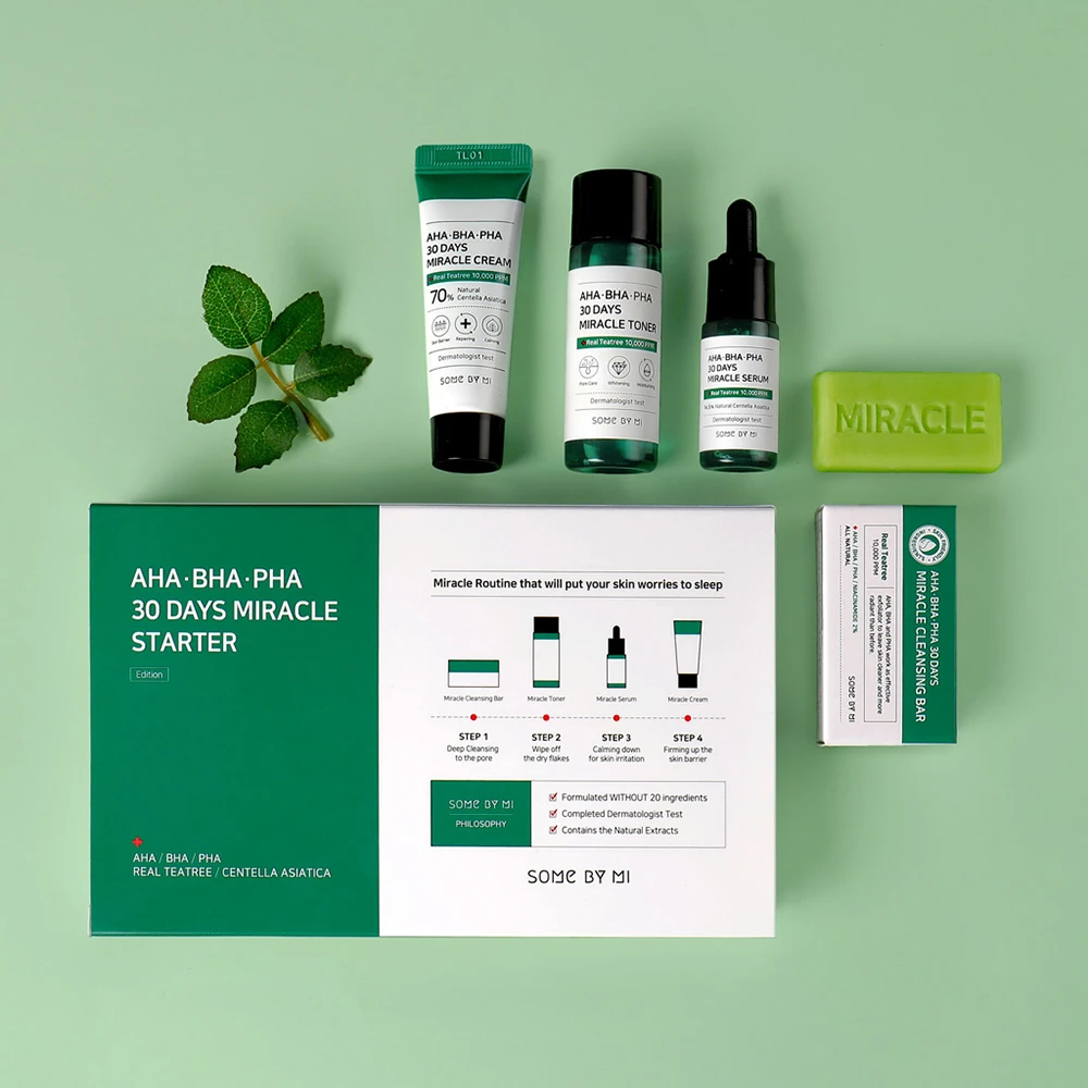Il AHA, BHA, PHA 30 Days Miracle Starter Limited Set di SOME BY MI è una K-beauty cura della pelle coreana con Tea Tree e AHA BHA PHA.