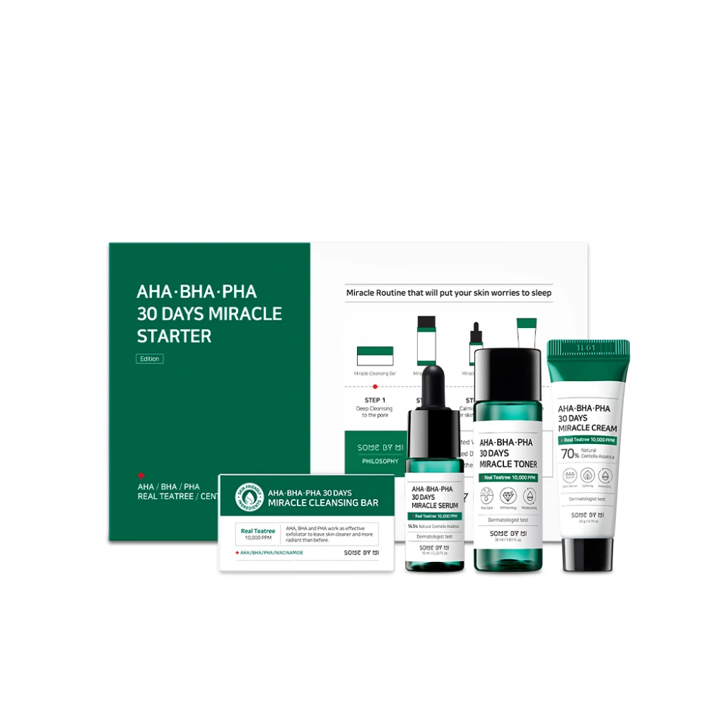 Un set di SOME BY MI AHA, BHA, PHA 30 Days Miracle Starter Limited Set con una scatola verde.
