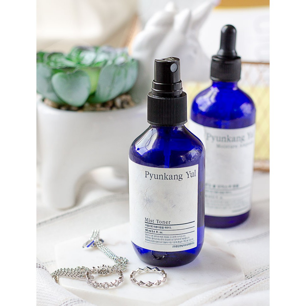 Una bottiglia Pyunkang Yul Mist Toner, un tonico viso ipoallergenico, su un tavolo accanto a un cactus.