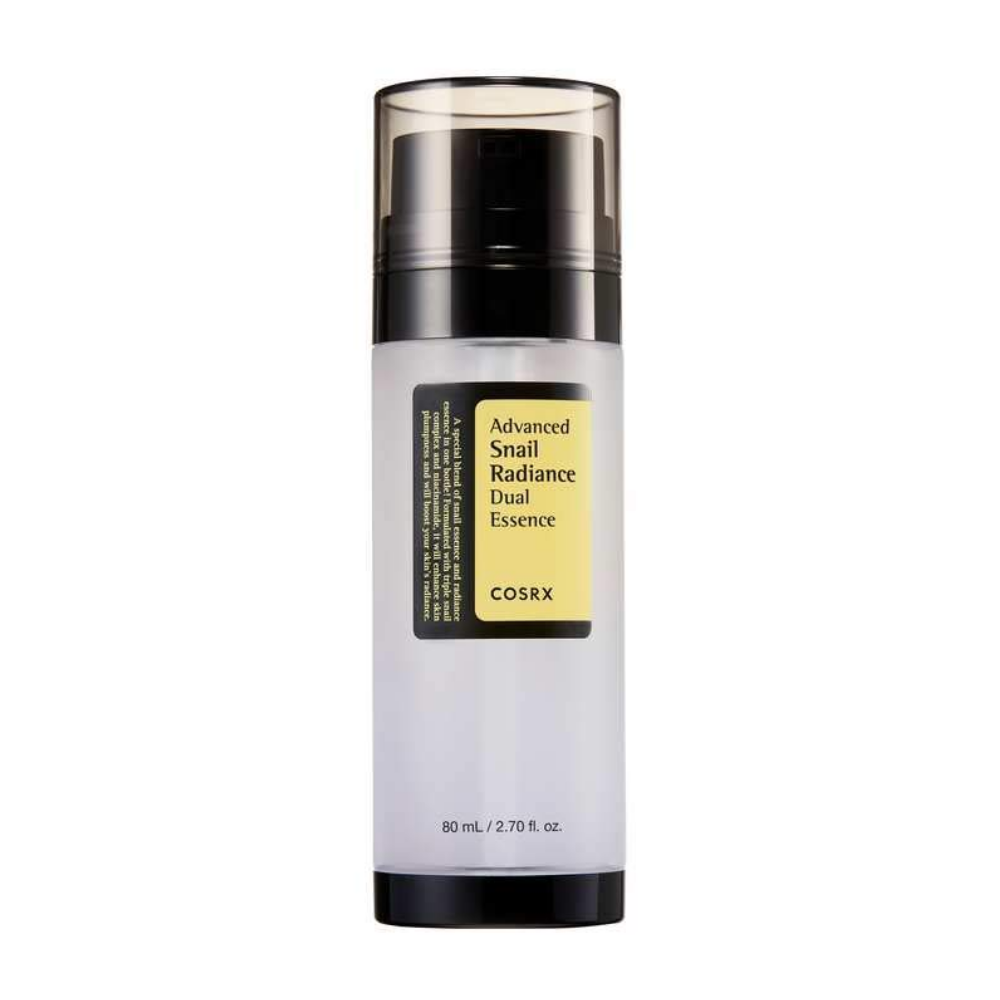 COSRX Advanced Snail Radiance Dual Essence 80ml aiuta a ridurre l'acne e promuove una pelle chiara con il suo complesso triplo di lumaca e niacinamide.