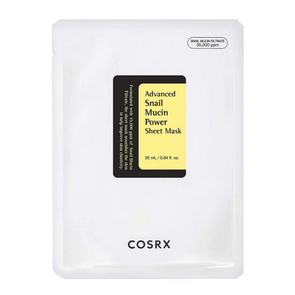 COSRX Advanced Snail Mucin Power Sheet Mask in confezione bianca con etichetta nera e gialla, arricchita con 35.000 ppm di bava di lumaca per idratazione, riparazione e migliorata elasticità della pelle.