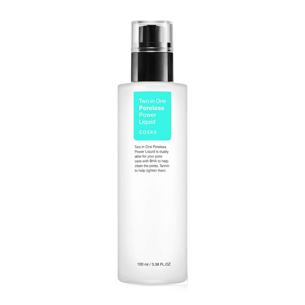 Una bottiglia COSRX Two In One Poreless Power Liquid 100ml, progettata per pelle grassa, viene mostrata su uno sfondo bianco.