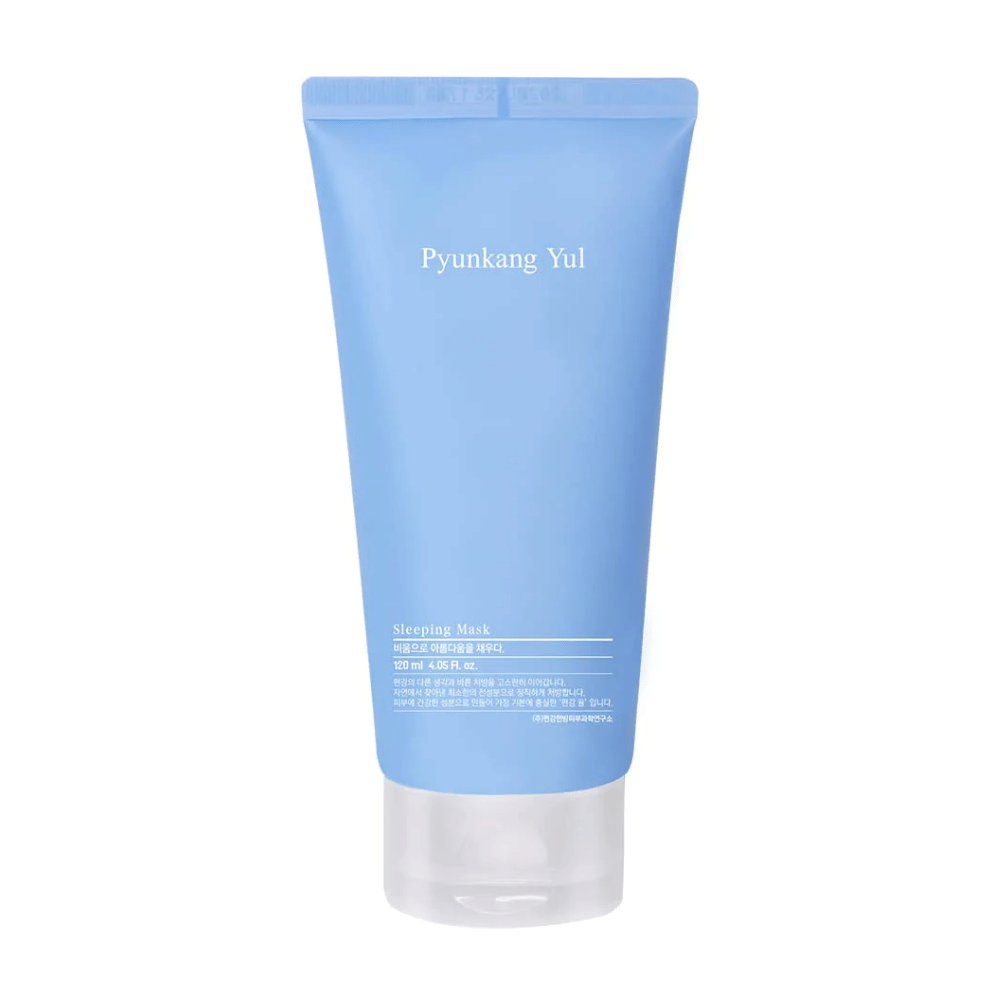 Un tubetto di Pyunkang Yuls infuso di acido ialuronico Pyunkang Yul Sleeping Mask 120ml su sfondo bianco per una pelle idratata.