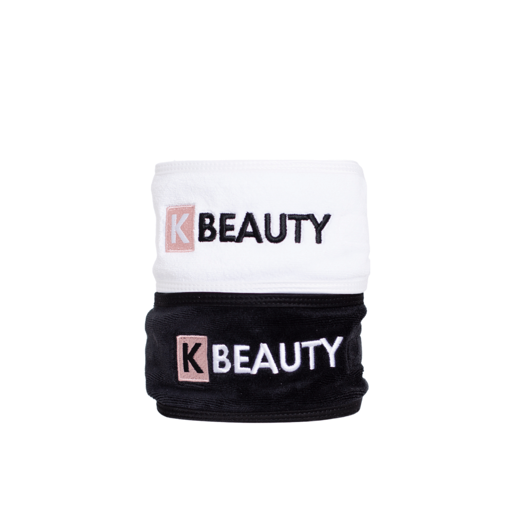 Due fasce per il trucco K-Beauty bianche e nere con la parola bellezza.